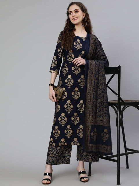 Women Navy Blue Ethnic Printed Kurta With Palazzo And Dupatta