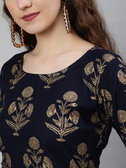 Women Navy Blue Ethnic Printed Kurta With Palazzo And Dupatta