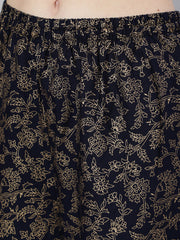 Women Navy Blue Ethnic Printed Kurta With Palazzo And Dupatta