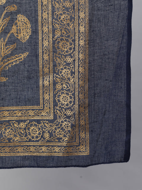 Women Navy Blue Ethnic Printed Kurta With Palazzo And Dupatta