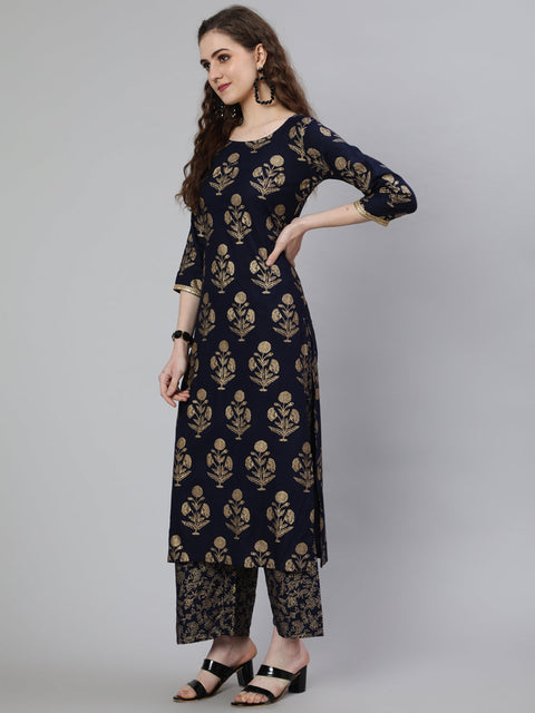 Women Navy Blue Ethnic Printed Kurta With Palazzo And Dupatta