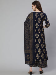 Women Navy Blue Ethnic Printed Kurta With Palazzo And Dupatta