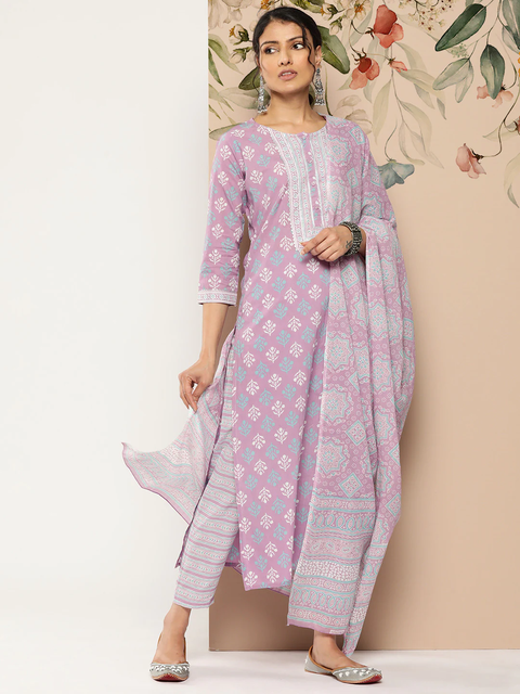 Women Lavender Printed Straight Kurta With Palazzo & Dupatta