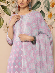 Women Lavender Printed Straight Kurta With Palazzo & Dupatta