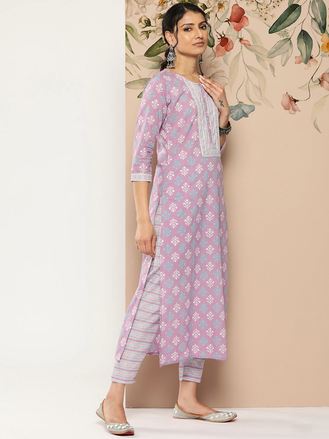 Women Lavender Printed Straight Kurta With Palazzo & Dupatta