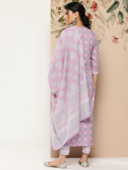 Women Lavender Printed Straight Kurta With Palazzo & Dupatta