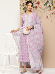 Women Lavender Printed Straight Kurta With Palazzo & Dupatta