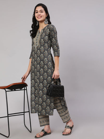 Women Grey Printed Straight Kurta With Trouser