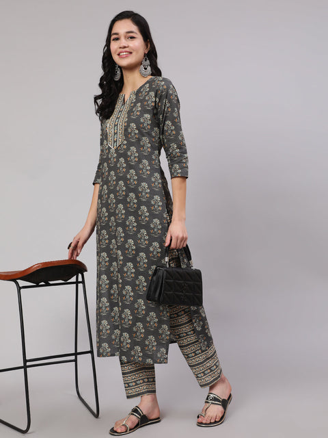 Women Grey Printed Straight Kurta With Trouser