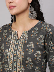 Women Grey Printed Straight Kurta With Trouser