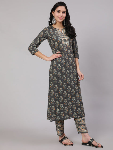 Women Grey Printed Straight Kurta With Trouser