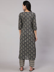 Women Grey Printed Straight Kurta With Trouser