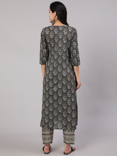 Women Grey Printed Straight Kurta With Trouser