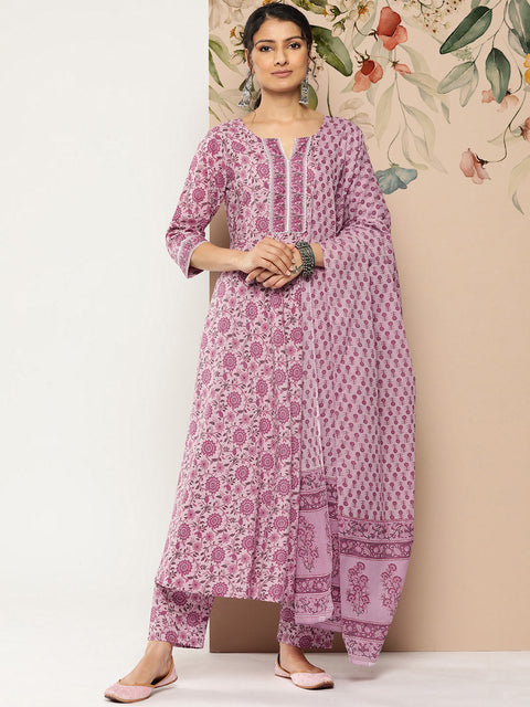 Women Lavender Floral Printed Kurta With Palazzo And Dupatta