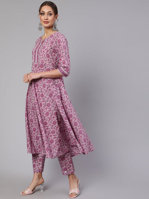 Women Lavender Floral Printed Kurta With Palazzo And Dupatta