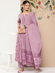 Women Lavender Floral Printed Kurta With Palazzo And Dupatta