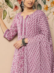 Women Lavender Floral Printed Kurta With Palazzo And Dupatta