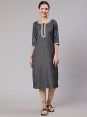 Women Grey Embridered Straight Kurta With Three Quarter Sleeves