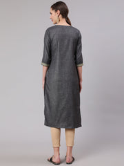 Women Grey Embridered Straight Kurta With Three Quarter Sleeves