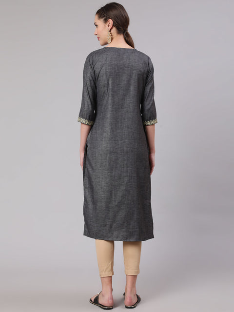 Women Grey Embridered Straight Kurta With Three Quarter Sleeves