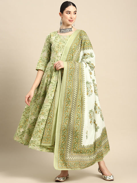 Women Green Floral Printed Anarkali Kurta With Trouser And Dupatta