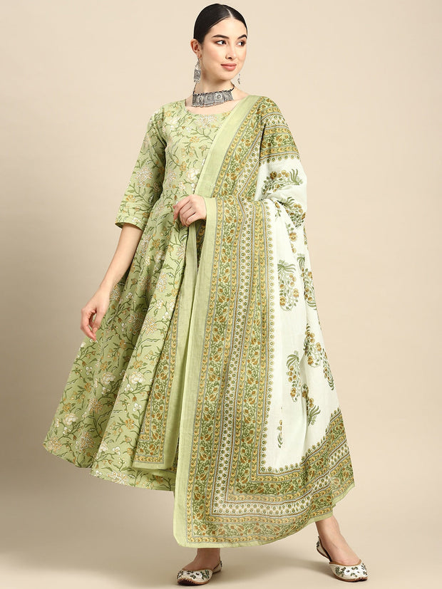Women Green Floral Printed Anarkali Kurta With Trouser And Dupatta