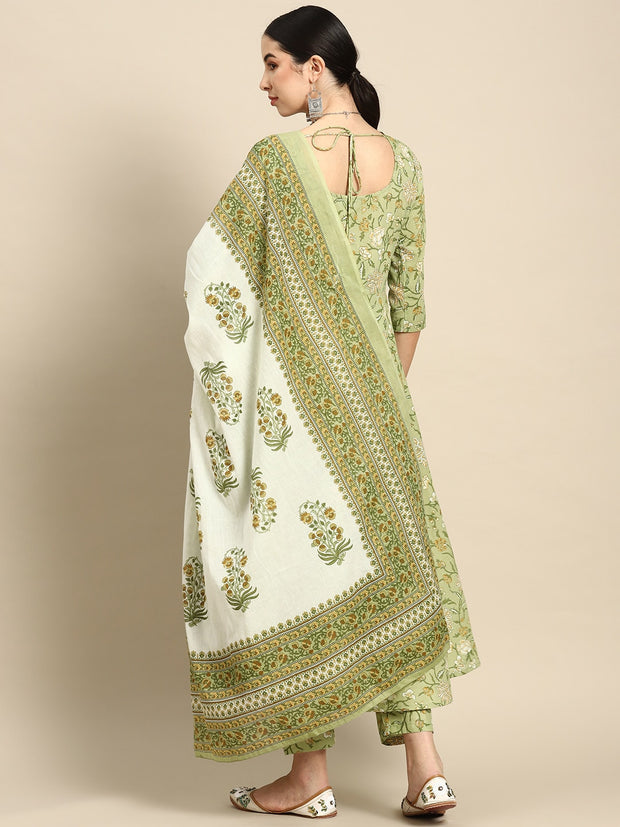 Women Green Floral Printed Anarkali Kurta With Trouser And Dupatta