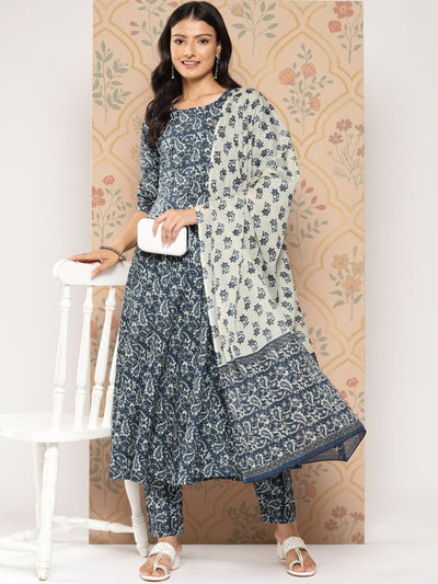 Women Blue Ethnic Printed Anarkali Kurta With Trouser And Dupatta