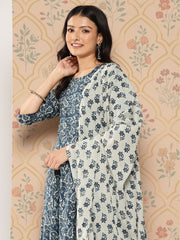 Women Blue Ethnic Printed Anarkali Kurta With Trouser And Dupatta