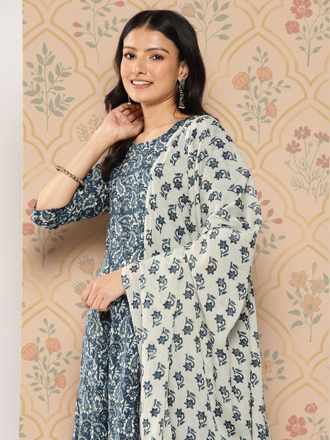 Women Blue Ethnic Printed Anarkali Kurta With Trouser And Dupatta