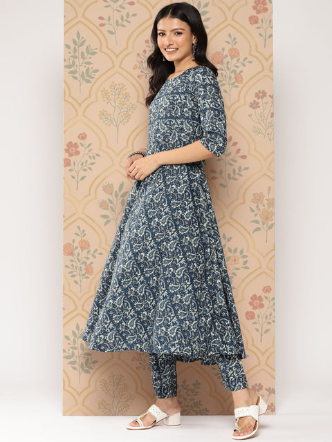 Women Blue Ethnic Printed Anarkali Kurta With Trouser And Dupatta