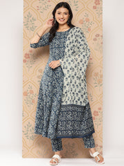 Women Blue Ethnic Printed Anarkali Kurta With Trouser And Dupatta