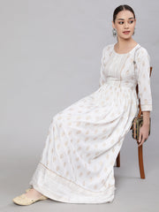 Wome Off-White Ethnic Printed Flared Dress With Three quarter Sleeves