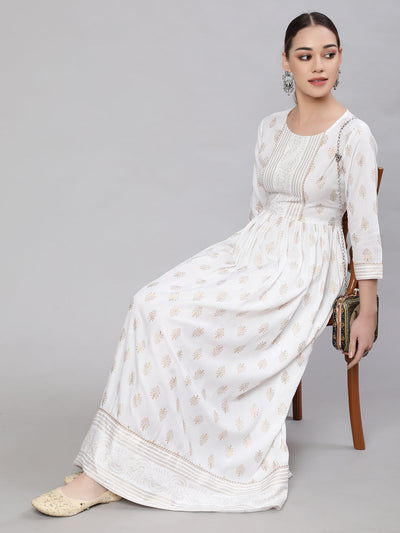 Wome Off-White Ethnic Printed Flared Dress With Three quarter Sleeves