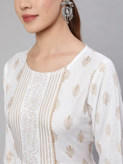 Wome Off-White Ethnic Printed Flared Dress With Three quarter Sleeves