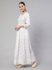 Wome Off-White Ethnic Printed Flared Dress With Three quarter Sleeves