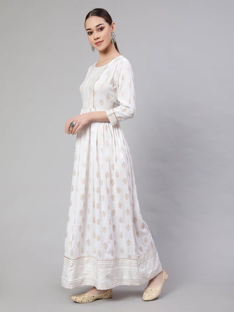 Wome Off-White Ethnic Printed Flared Dress With Three quarter Sleeves