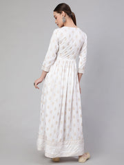 Wome Off-White Ethnic Printed Flared Dress With Three quarter Sleeves