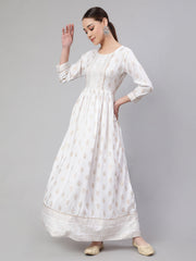 Wome Off-White Ethnic Printed Flared Dress With Three quarter Sleeves
