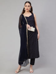 Women Navy Blue Ethnic Printed Sleeveless Kurta With Trouser And Dupatta
