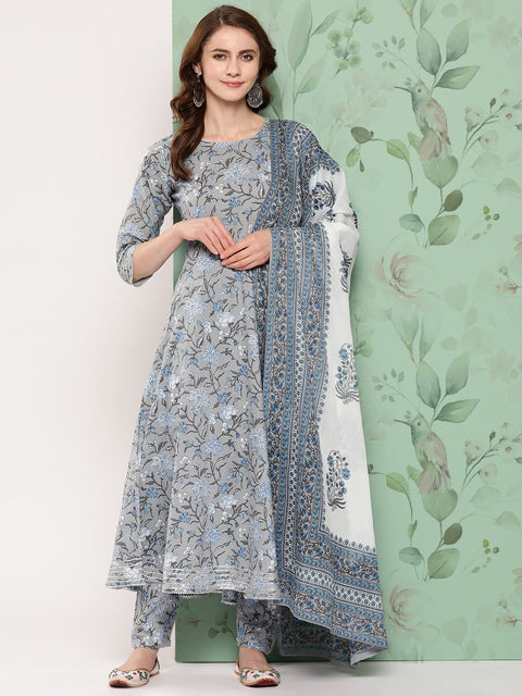 Women Grey Floral Printed Flared Kurta And Trouser With Dupatta