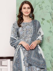 Women Grey Floral Printed Flared Kurta And Trouser With Dupatta