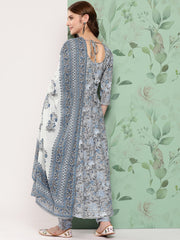 Women Grey Floral Printed Flared Kurta And Trouser With Dupatta