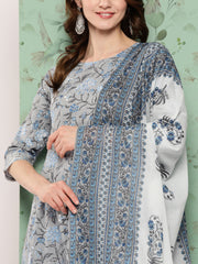 Women Grey Floral Printed Flared Kurta And Trouser With Dupatta