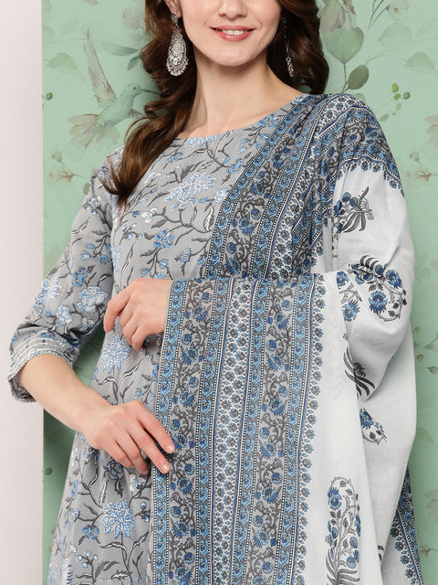 Women Grey Floral Printed Flared Kurta And Trouser With Dupatta