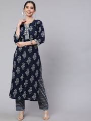 Women Navy Blue Ethnic Printed Straight Kurta With Trouser