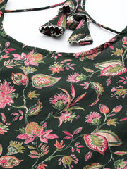 Women Green & Pink Floral Anarkali Kurta With Trouser And Dupatta