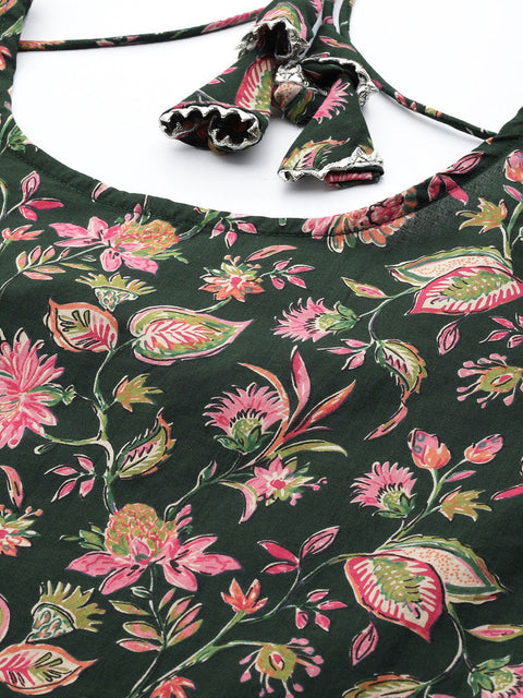 Women Green & Pink Floral Anarkali Kurta With Trouser And Dupatta