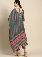 Women Green & Pink Floral Anarkali Kurta With Trouser And Dupatta
