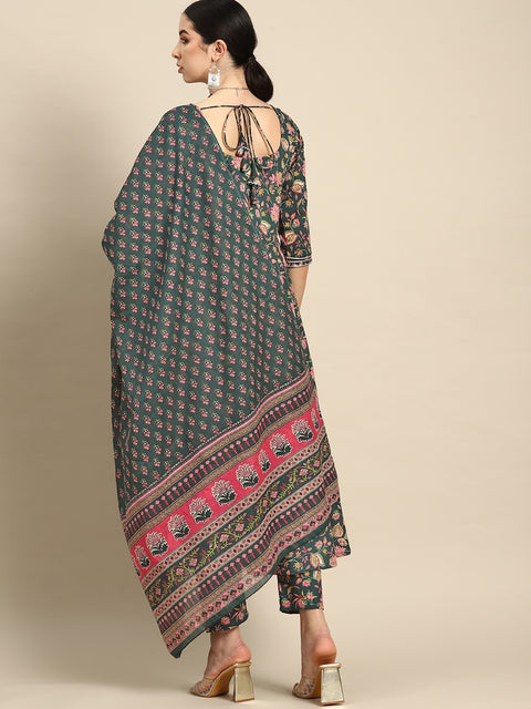 Women Green & Pink Floral Anarkali Kurta With Trouser And Dupatta